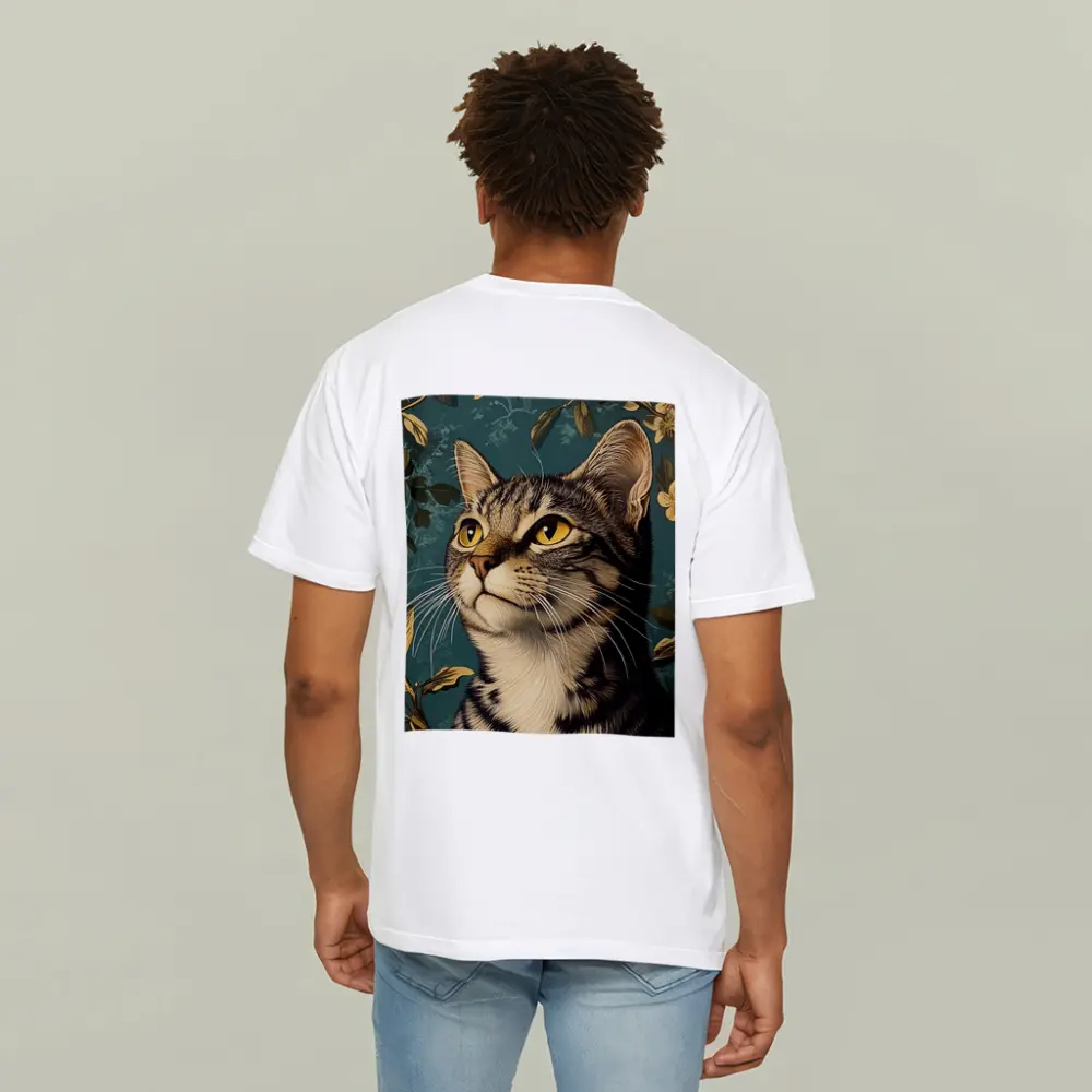 Tabby Cat Portrait Teal Floral Background – T-Shirts