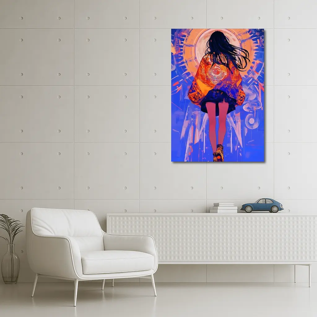 Anime Girl Orange Jacket Blue Abstract Background – Wall Art
