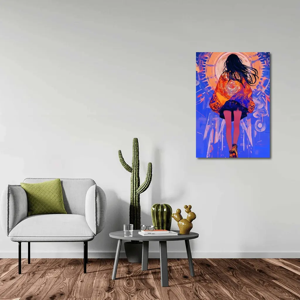 Anime Girl Orange Jacket Blue Abstract Background – Wall Art