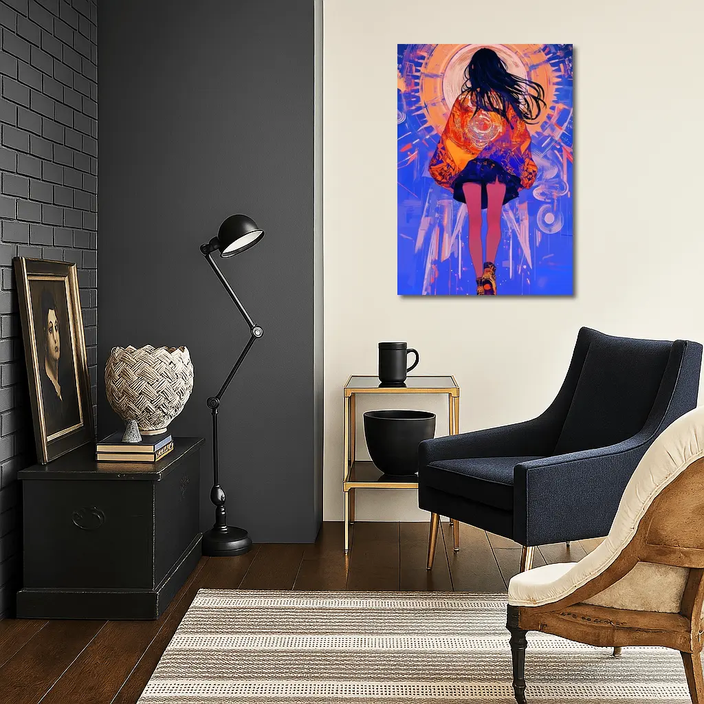 Anime Girl Orange Jacket Blue Abstract Background – Wall Art