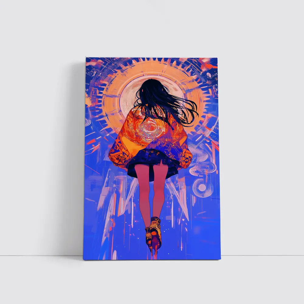 Anime Girl Orange Jacket Blue Abstract Background – Wall Art