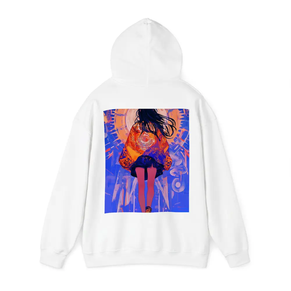 Anime Girl Orange Jacket Blue Abstract Background – Hoodies