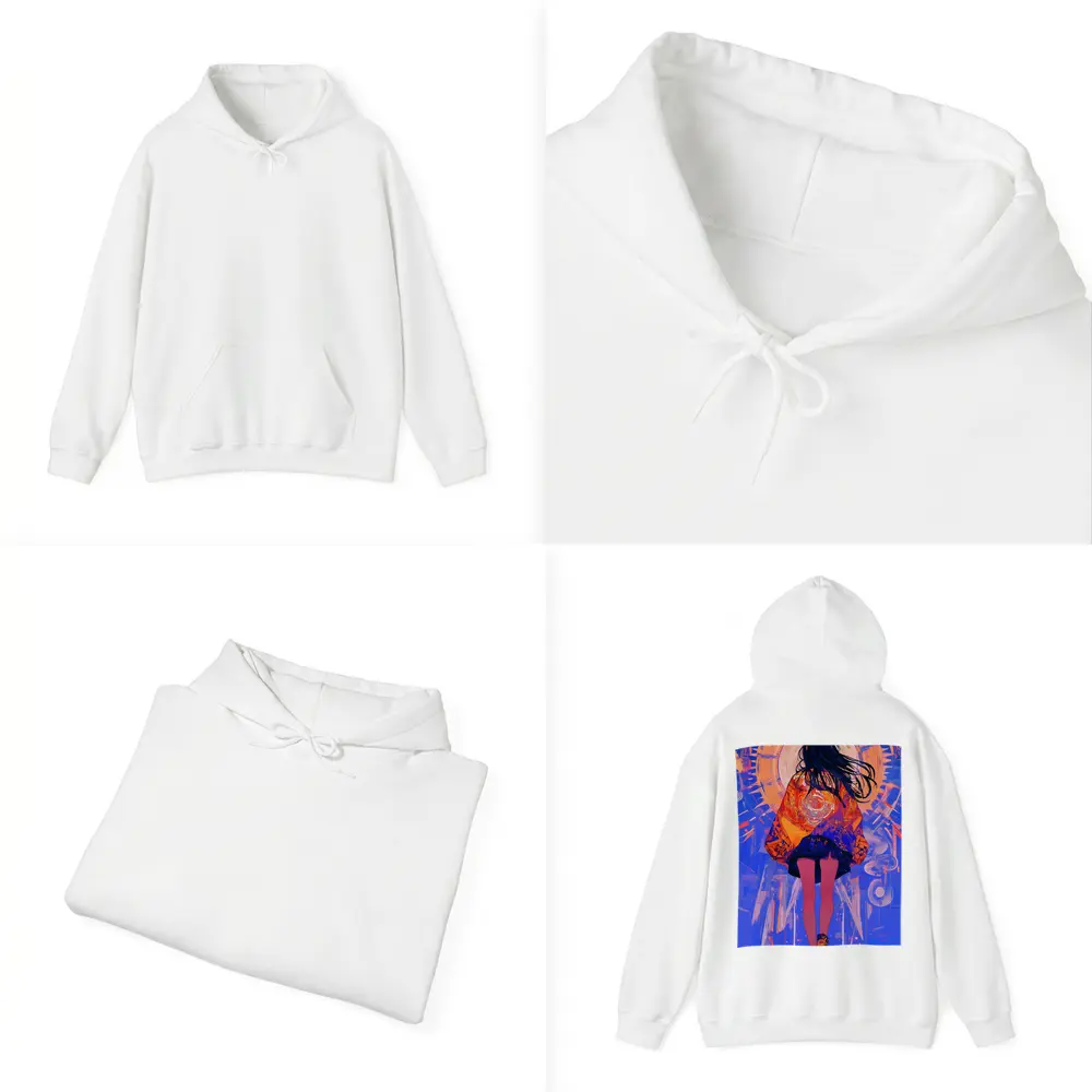 Anime Girl Orange Jacket Blue Abstract Background – Hoodies