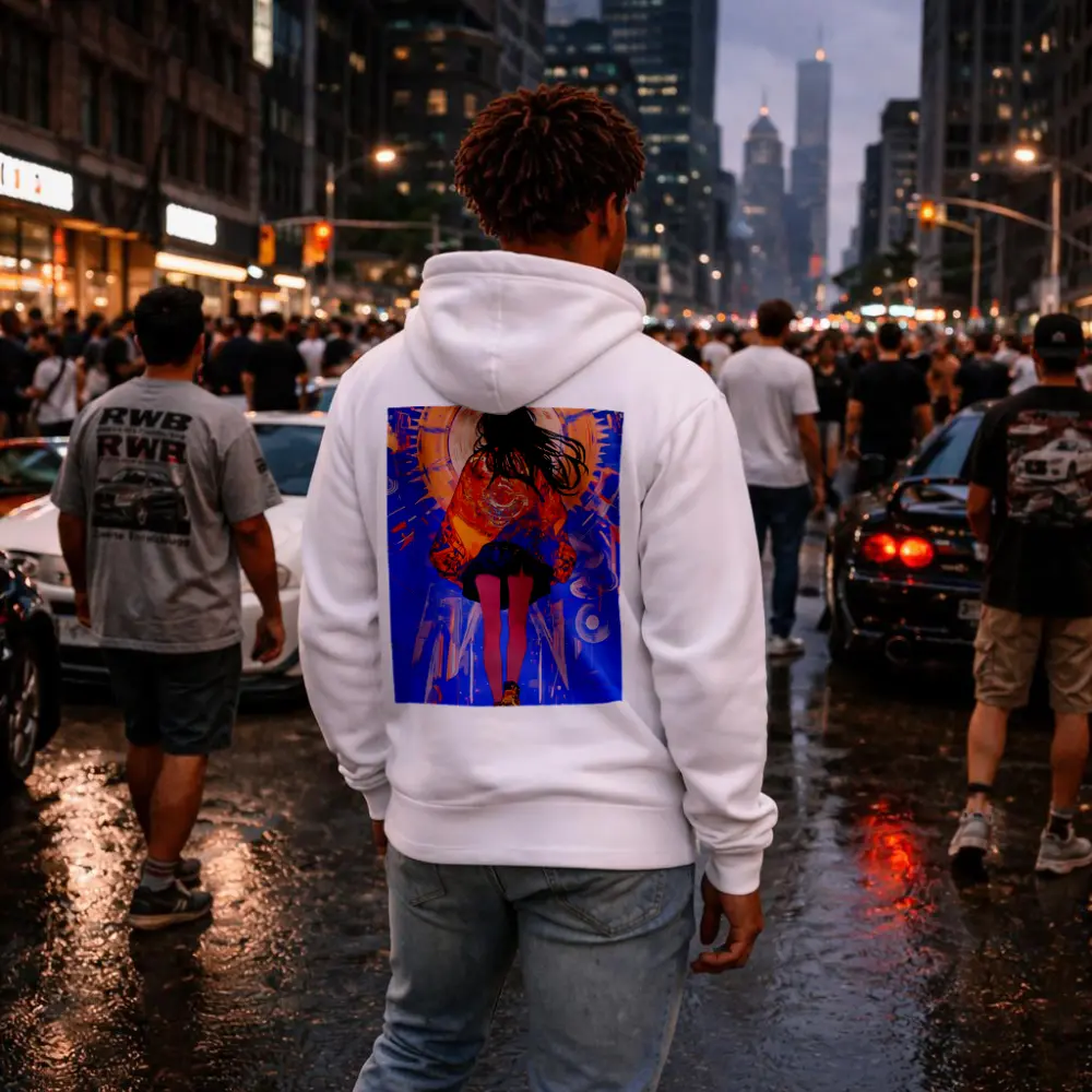 Anime Girl Orange Jacket Blue Abstract Background – Hoodies