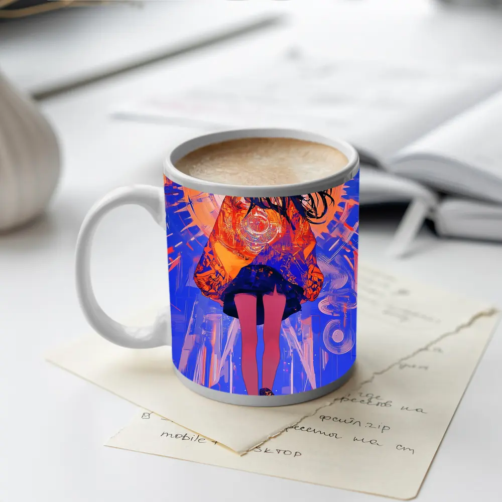 Anime Girl Orange Jacket Blue Abstract Background – Mugs