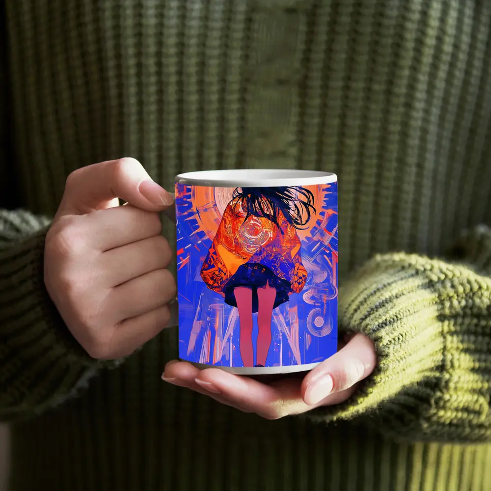 Anime Girl Orange Jacket Blue Abstract Background – Mugs
