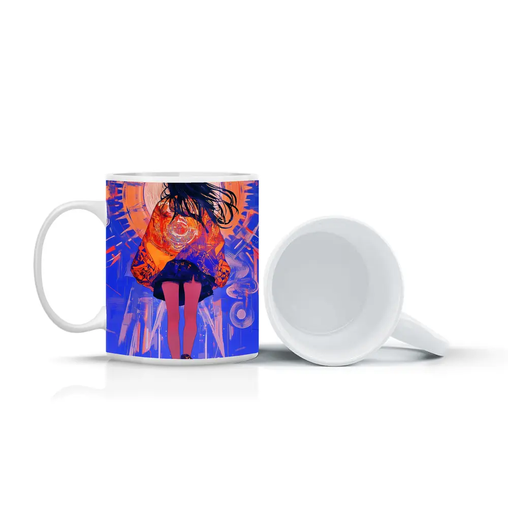 Anime Girl Orange Jacket Blue Abstract Background – Mugs
