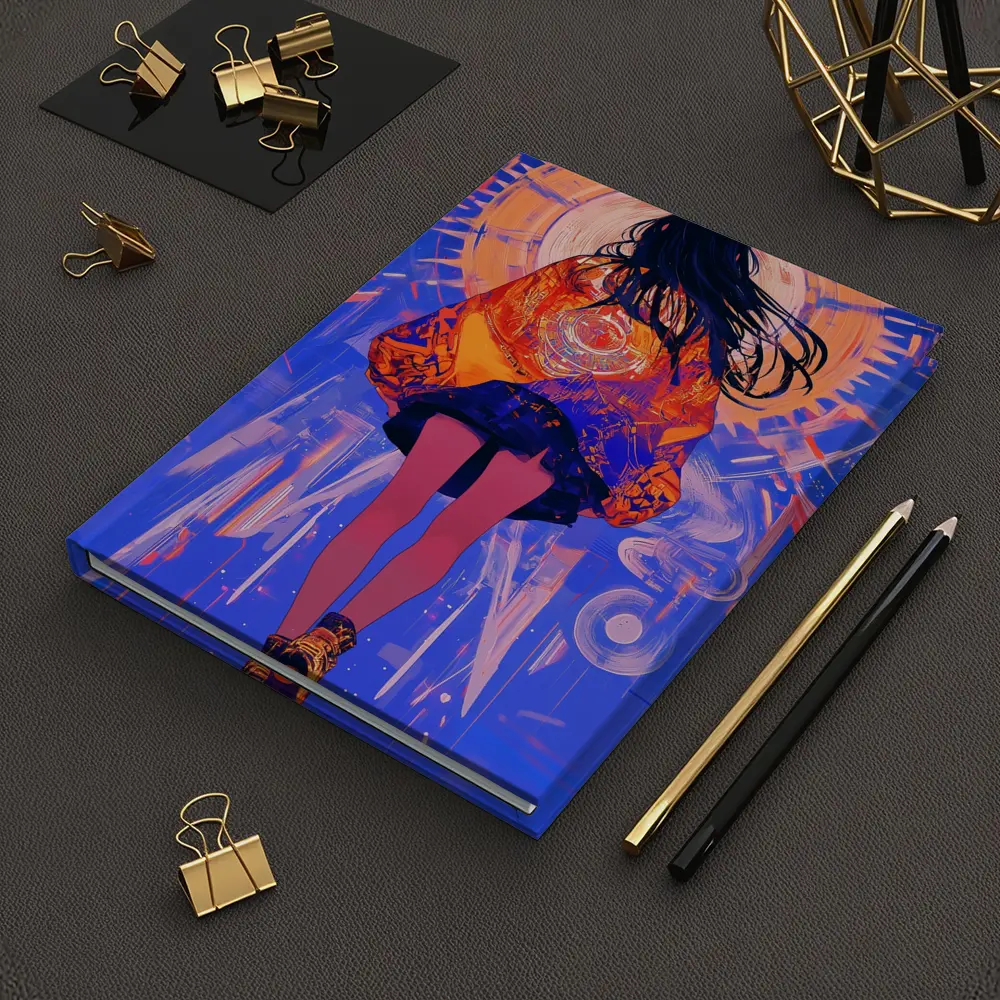 Anime Girl Orange Jacket Blue Abstract Background – Notebooks