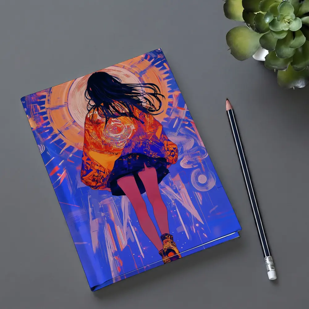 Anime Girl Orange Jacket Blue Abstract Background – Notebooks