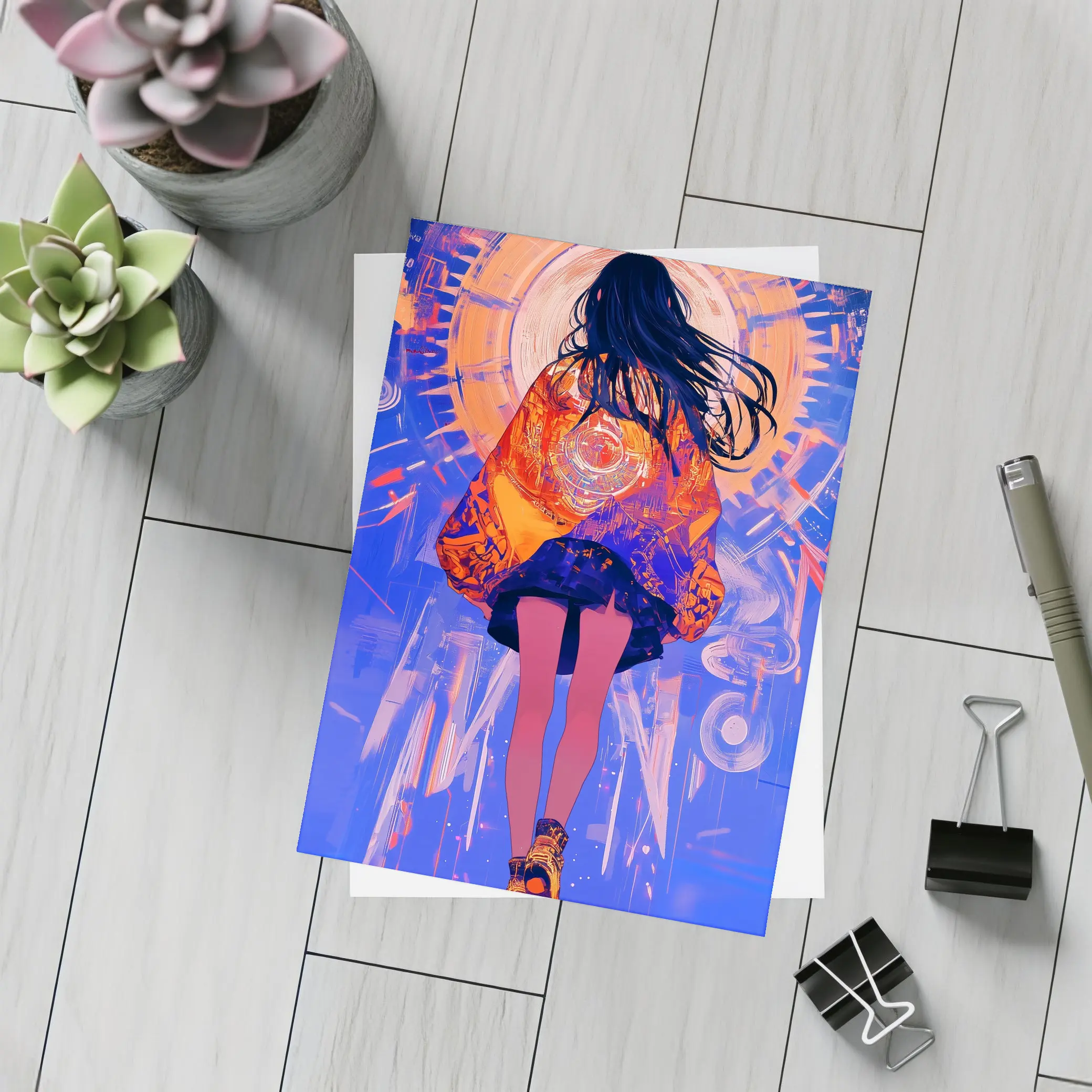 Anime Girl Orange Jacket Blue Abstract Background – Postcards