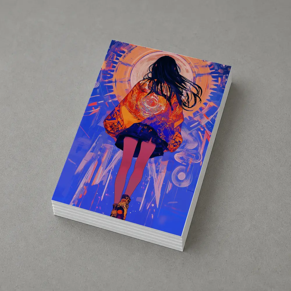 Anime Girl Orange Jacket Blue Abstract Background – Postcards