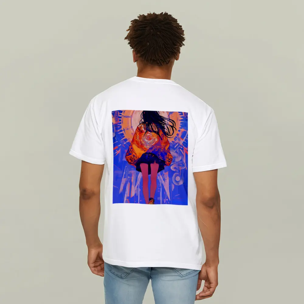 Anime Girl Orange Jacket Blue Abstract Background – T-Shirts