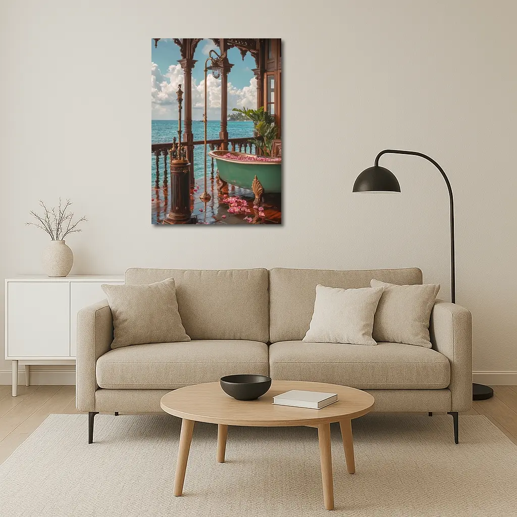Ornate Tropical Bathroom Clawfoot Tub Ocean View – Wall Art