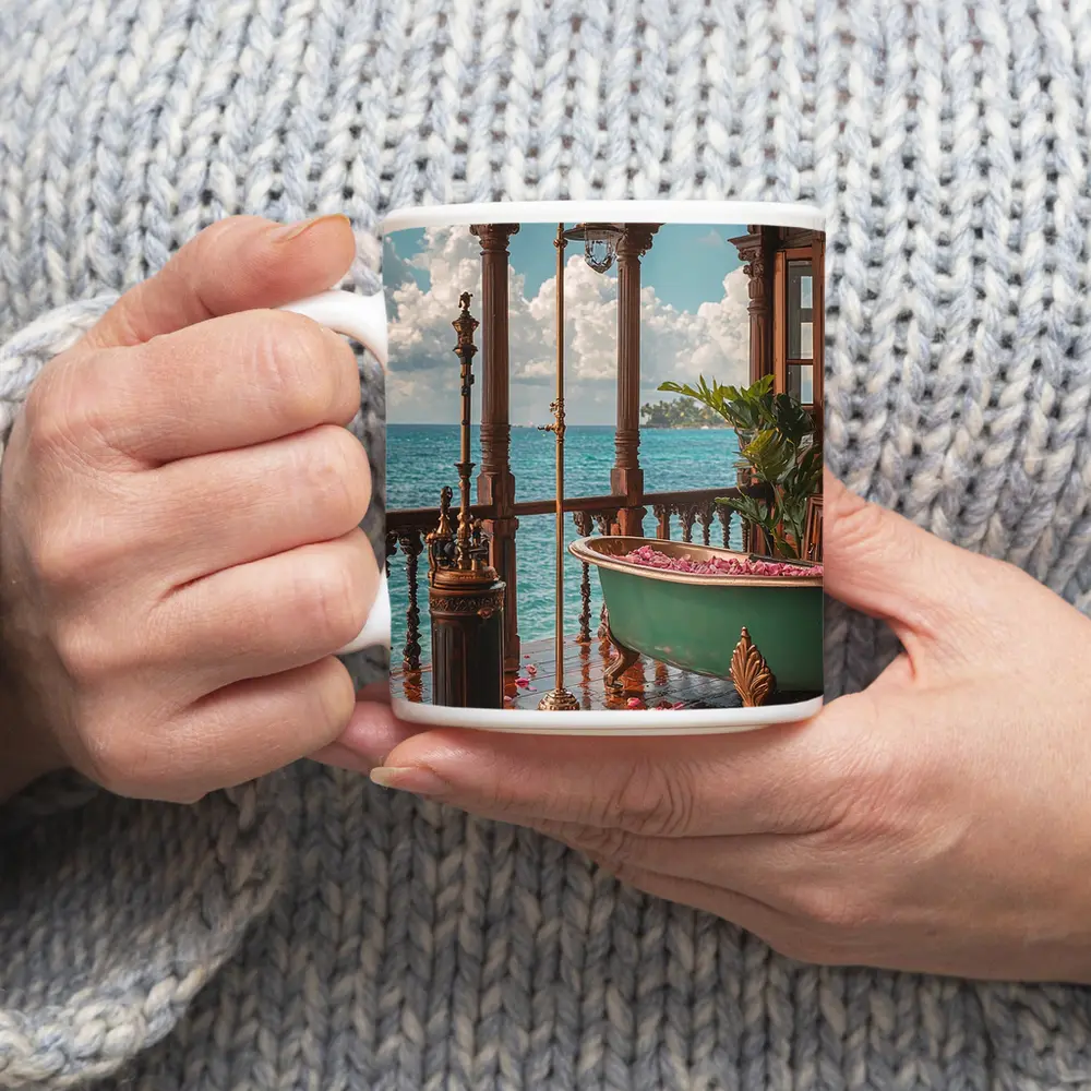 Ornate Tropical Bathroom Clawfoot Tub Ocean View – Mugs