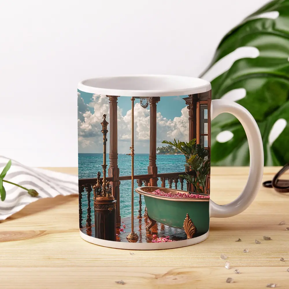 Ornate Tropical Bathroom Clawfoot Tub Ocean View – Mugs