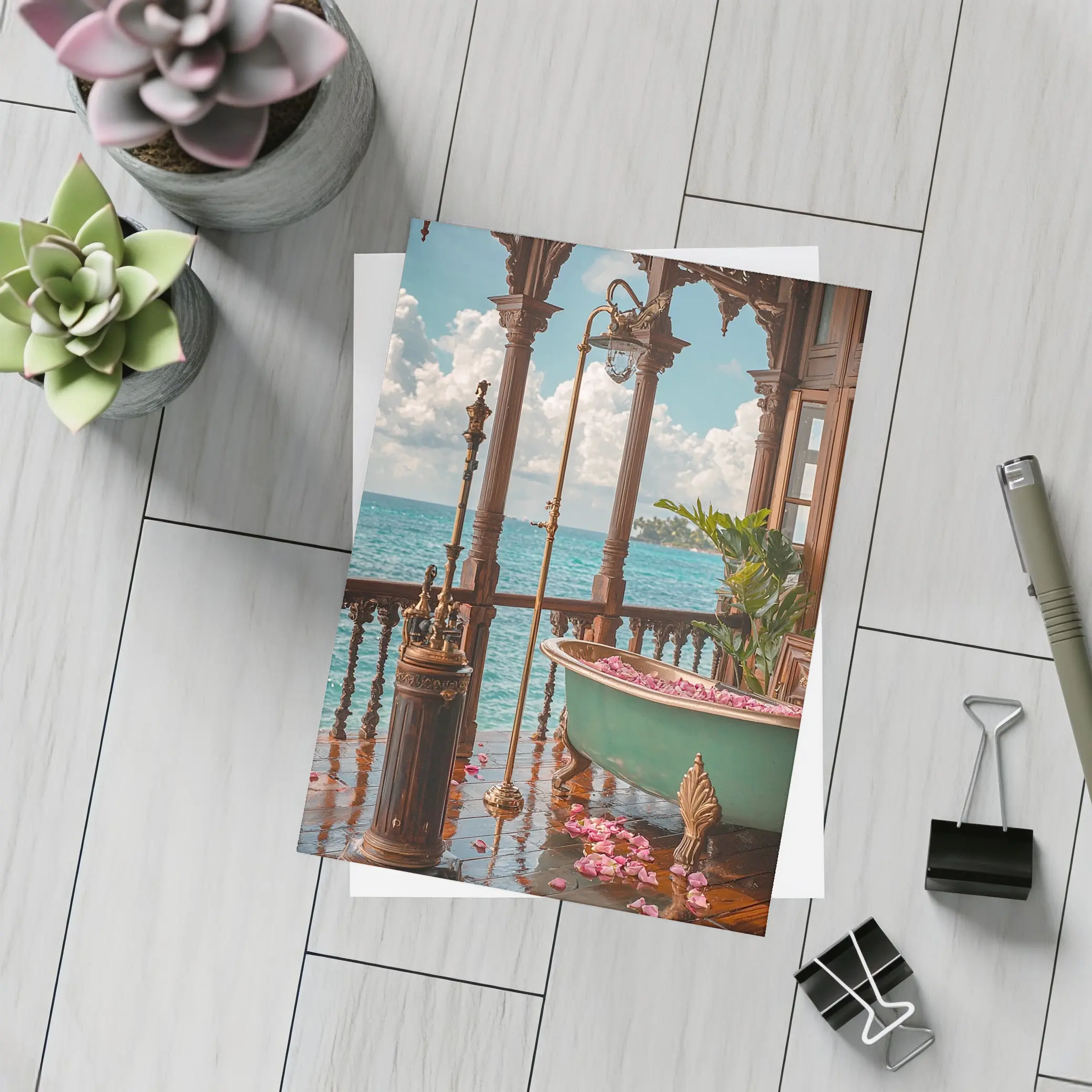 Ornate Tropical Bathroom Clawfoot Tub Ocean View – Postcards