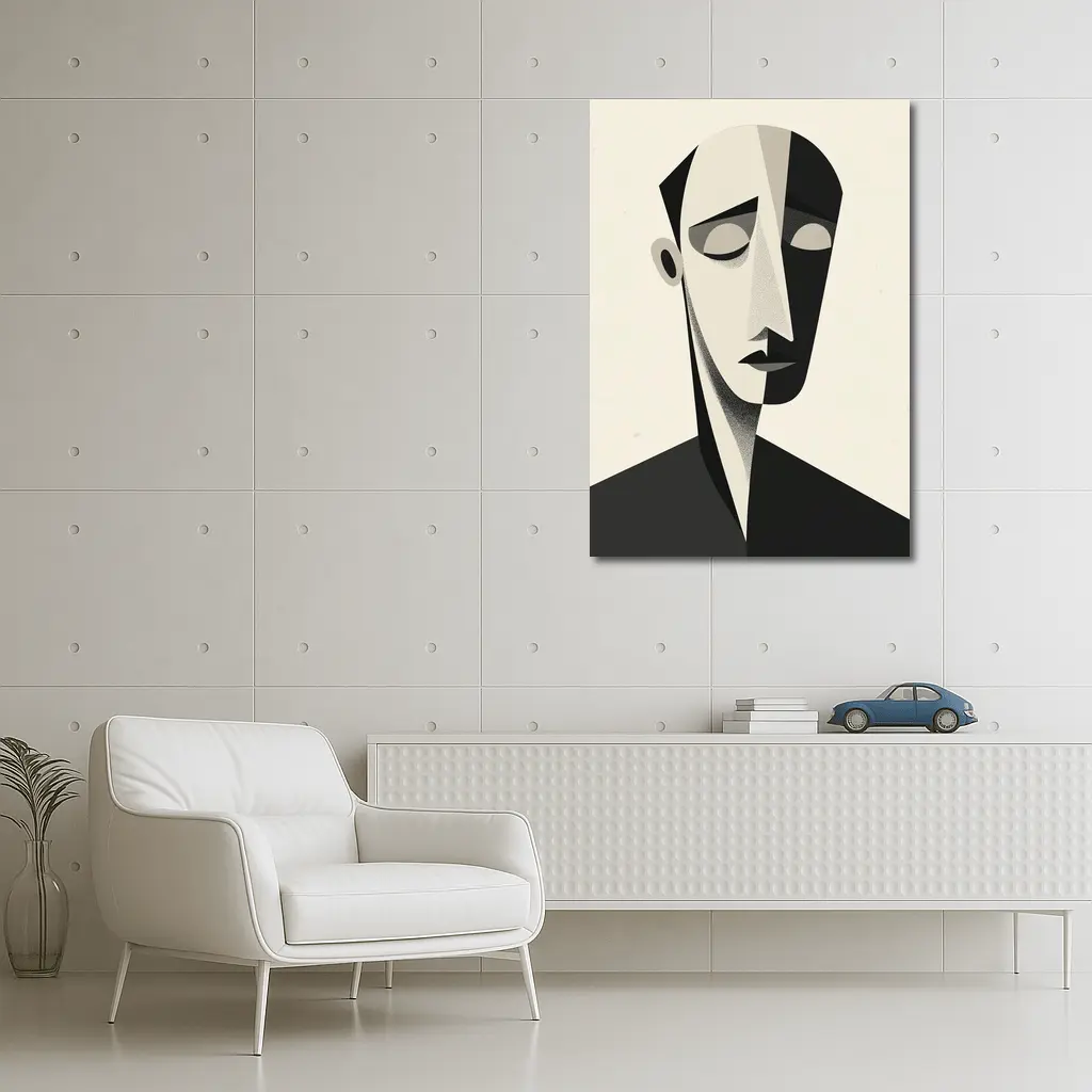 Abstract Cubist Male Face Black White Art – Wall Art