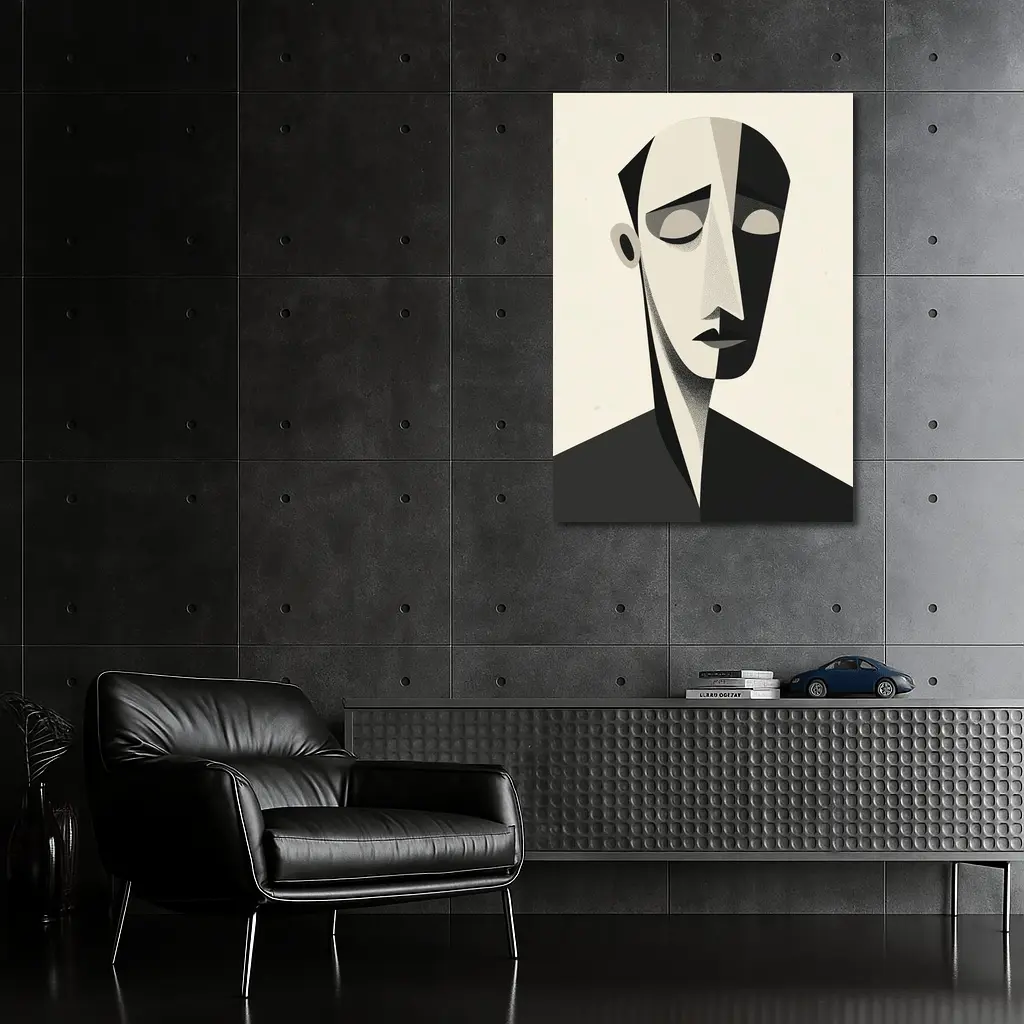 Abstract Cubist Male Face Black White Art – Wall Art