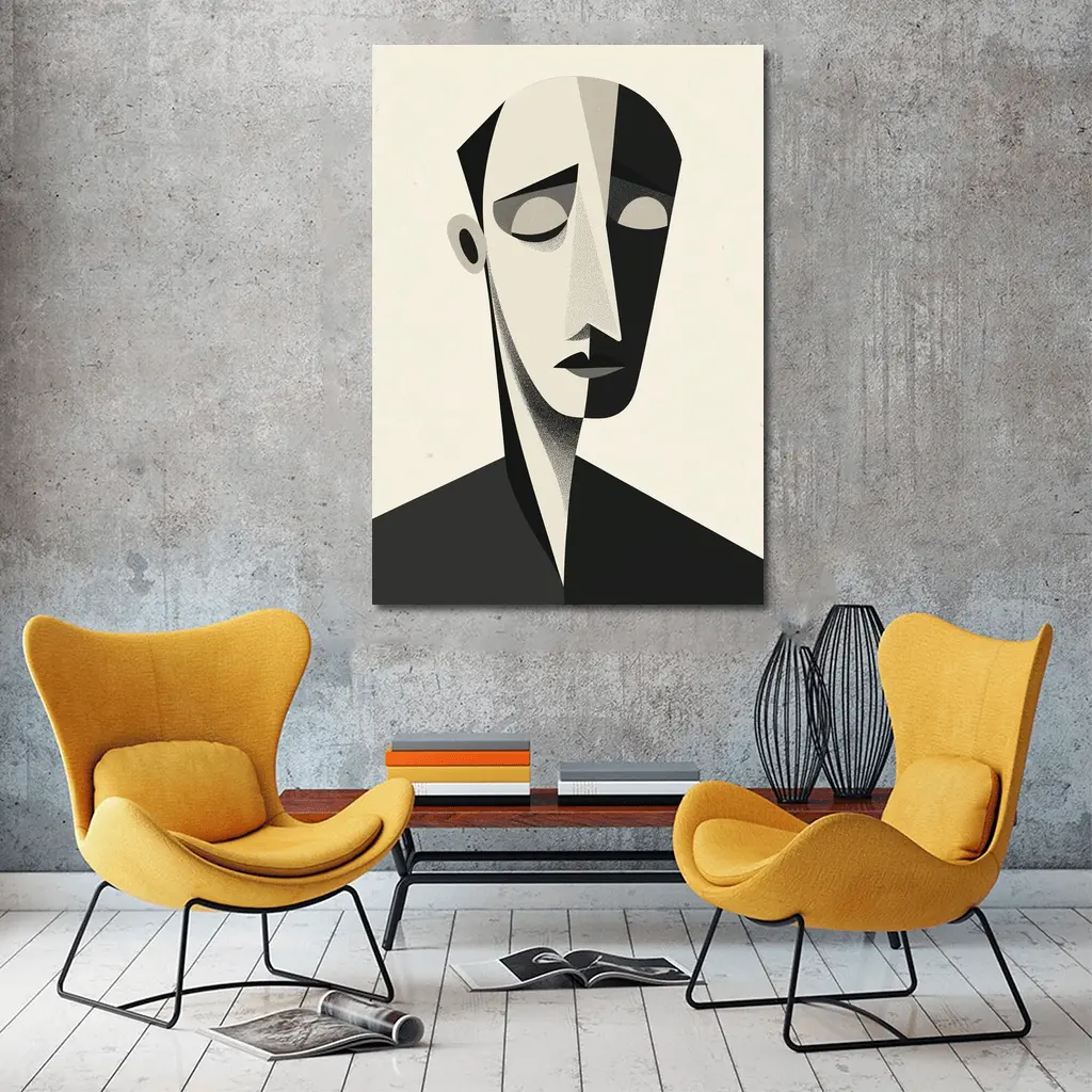 Abstract Cubist Male Face Black White Art – Wall Art