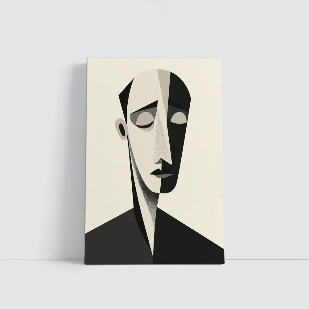 Abstract Cubist Male Face Black White Art – Wall Art