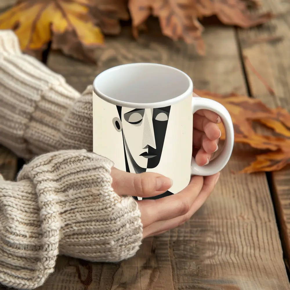 Abstract Cubist Male Face Black White Art – Mugs