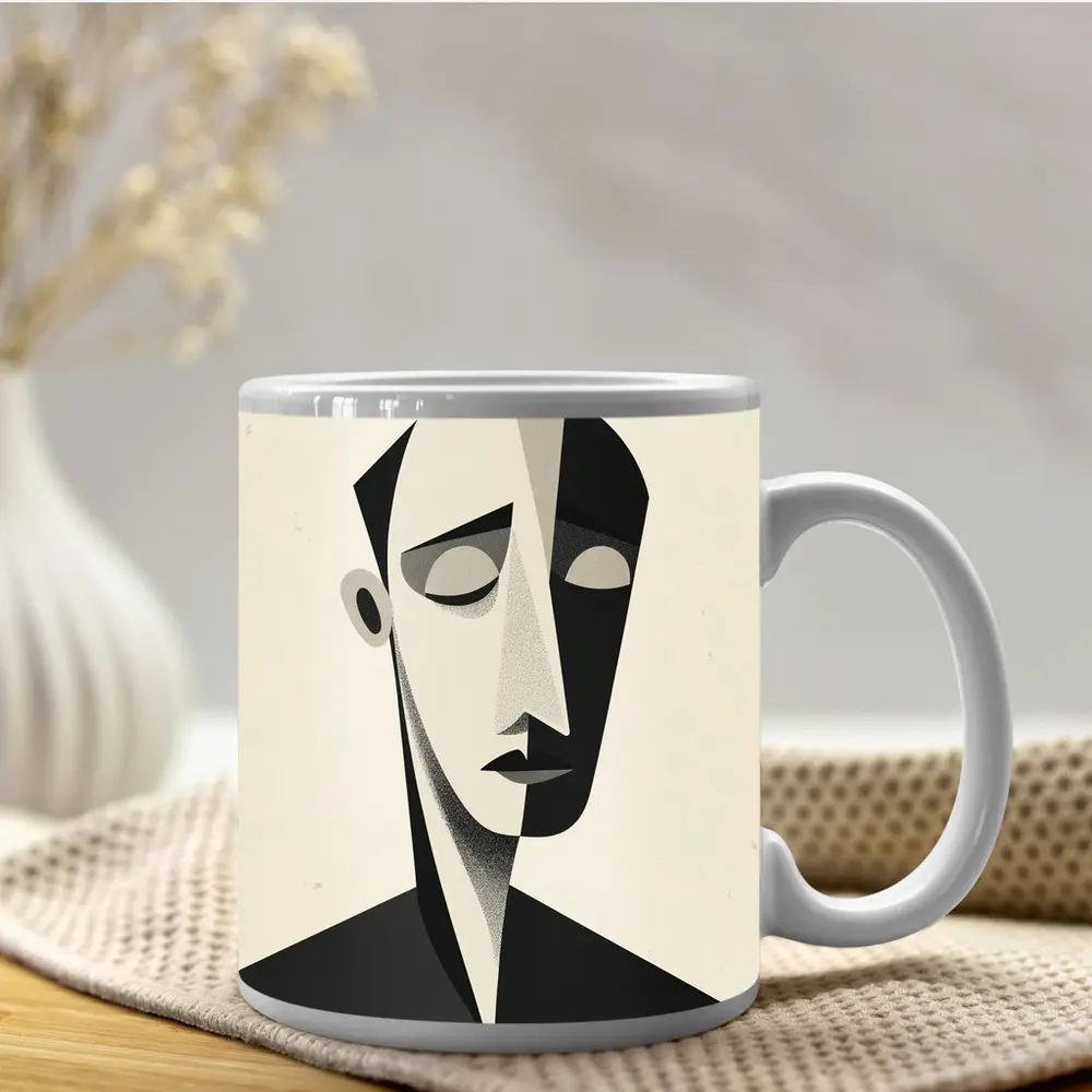 Abstract Cubist Male Face Black White Art – Mugs