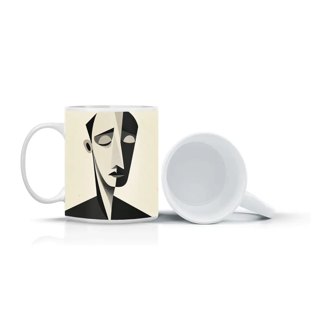 Abstract Cubist Male Face Black White Art – Mugs