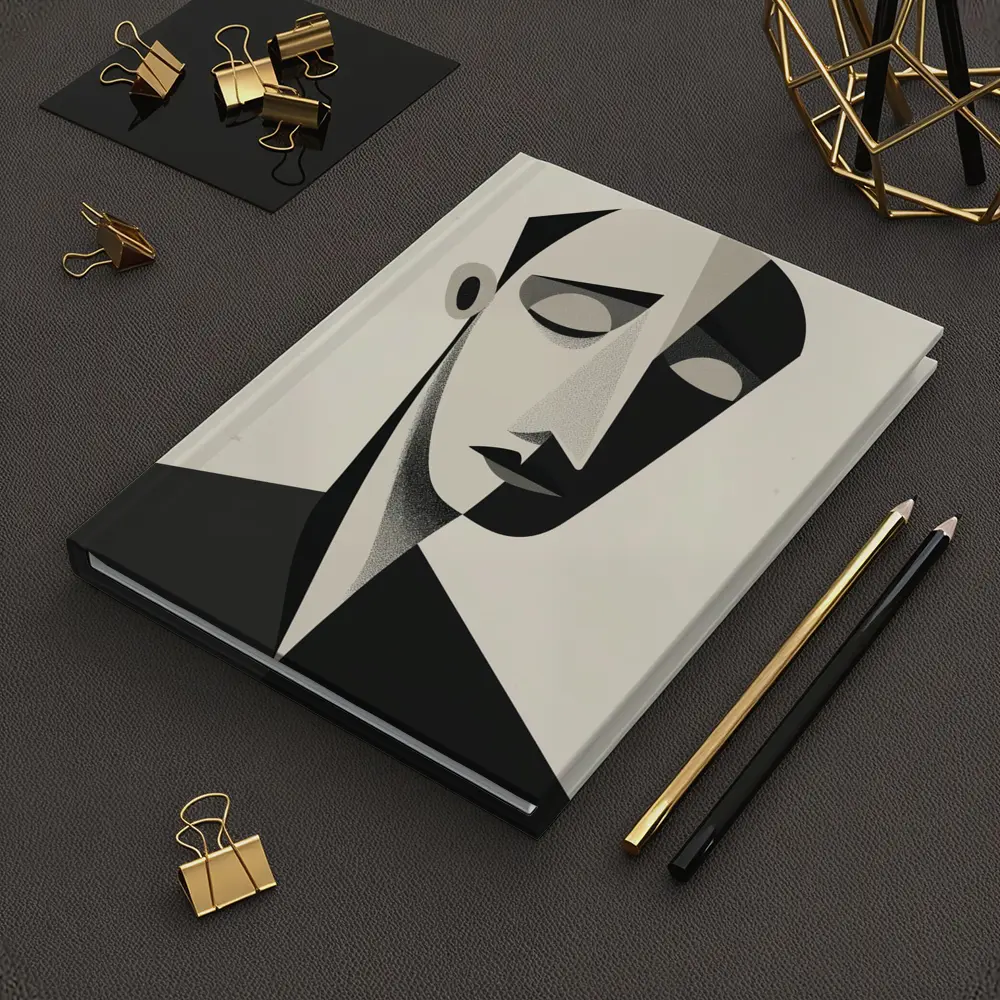 Abstract Cubist Male Face Black White Art – Notebooks