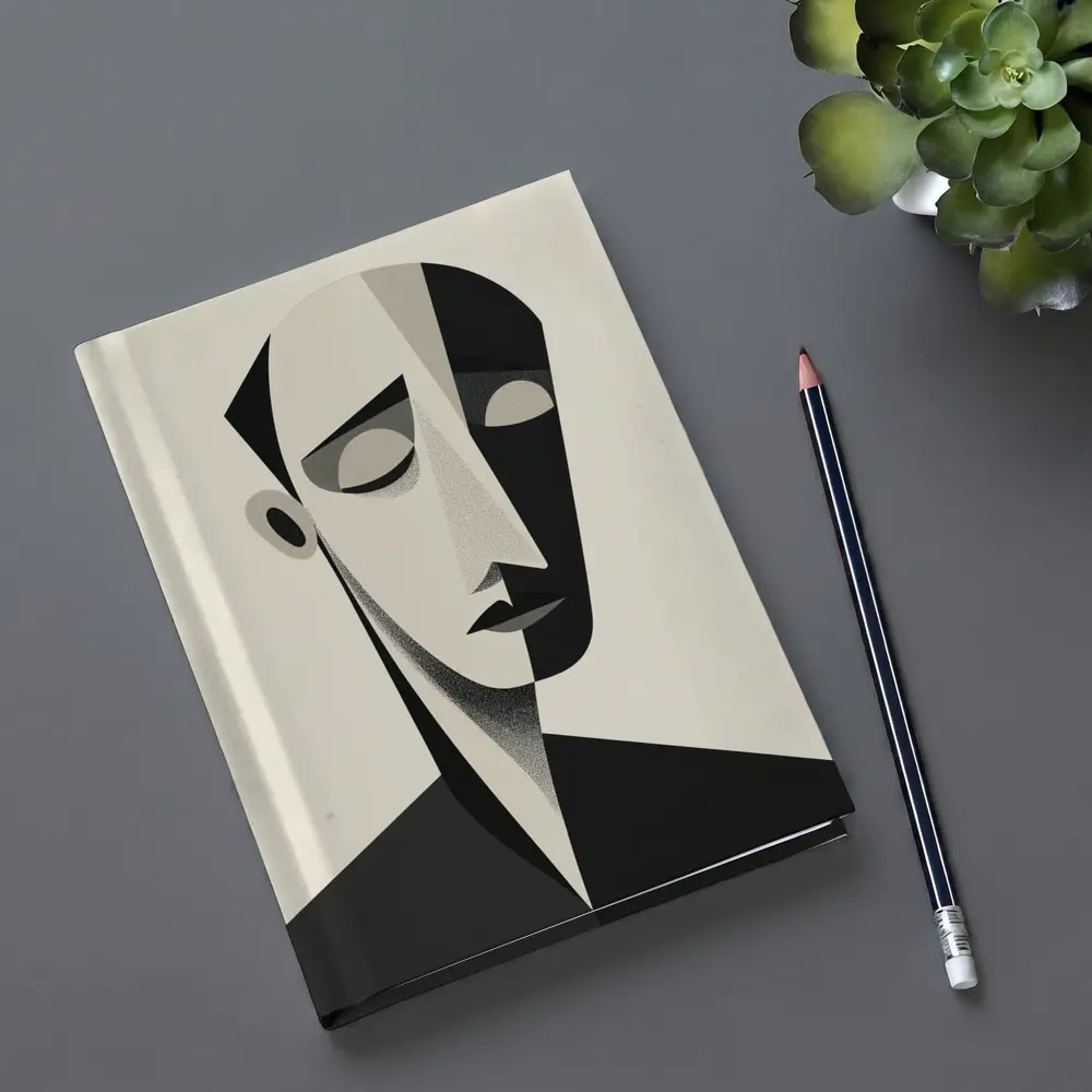 Abstract Cubist Male Face Black White Art – Notebooks