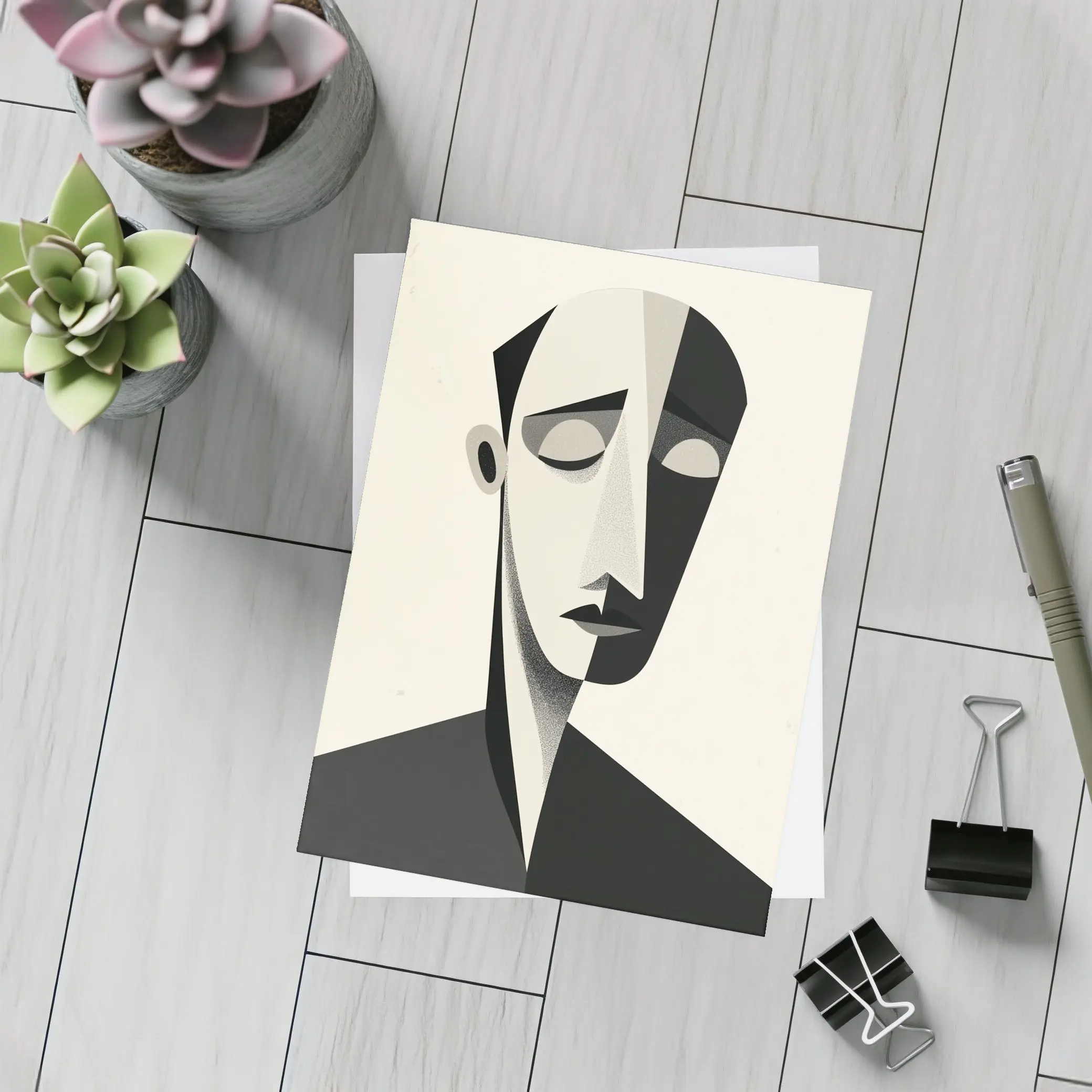 Abstract Cubist Male Face Black White Art – Postcards