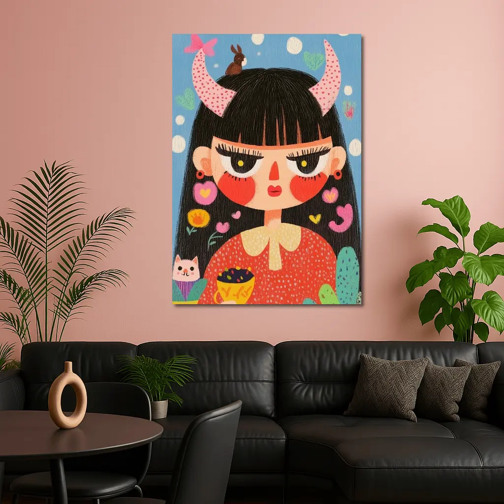 Folk Art Girl With Horns Blue Background – Wall Art