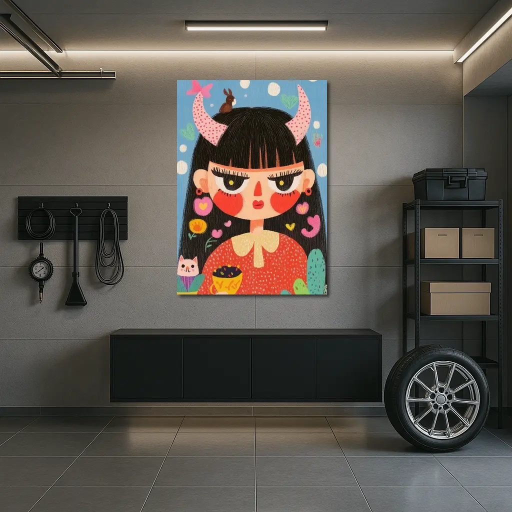 Folk Art Girl With Horns Blue Background – Wall Art