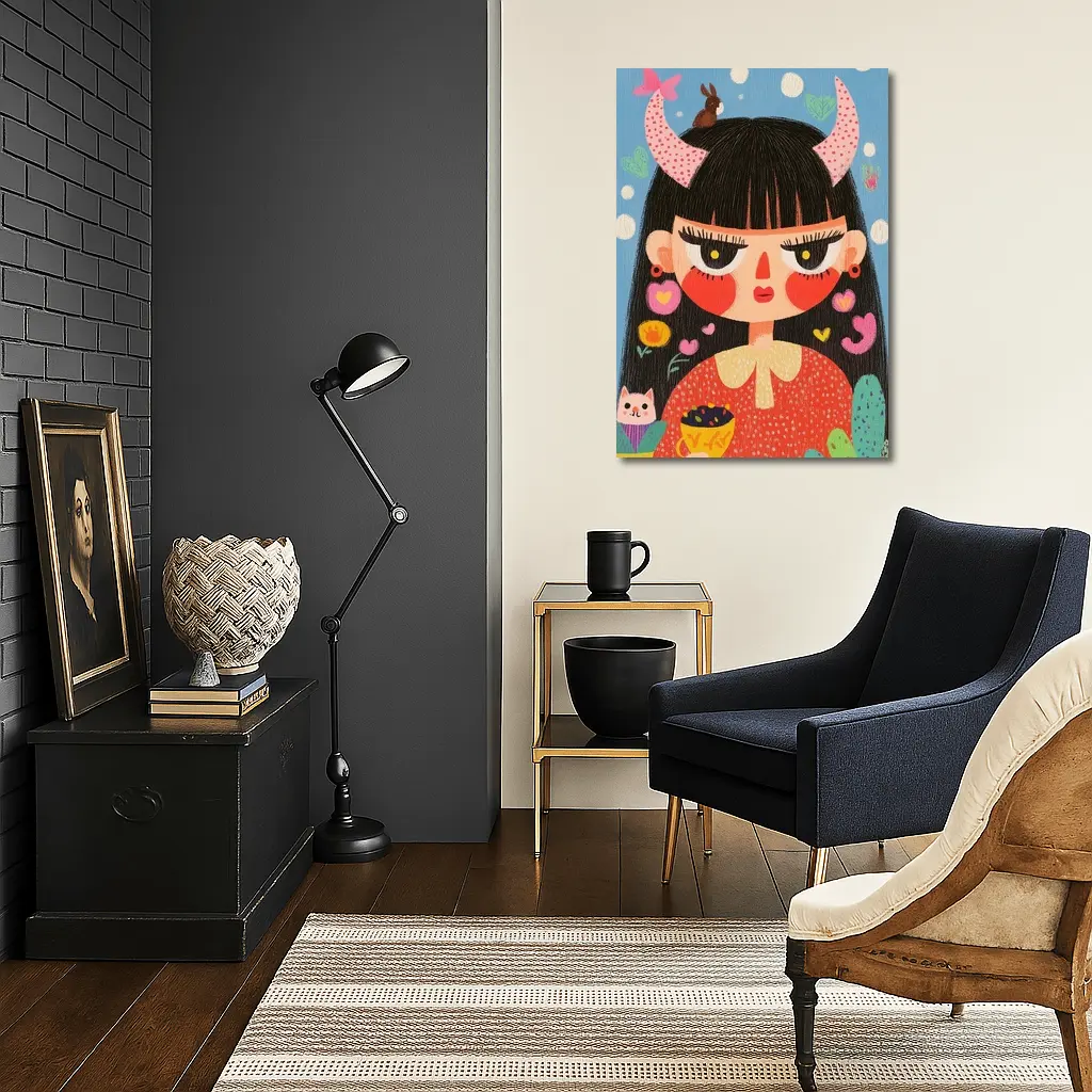 Folk Art Girl With Horns Blue Background – Wall Art