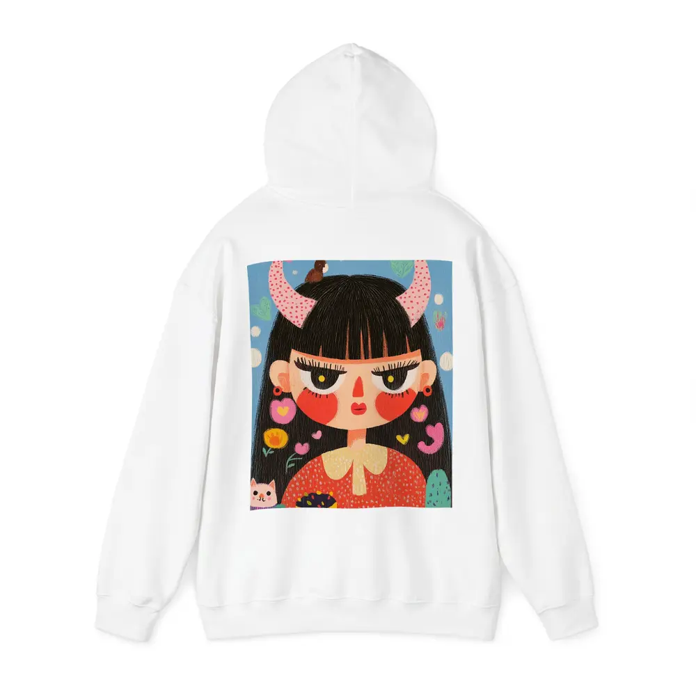 Folk Art Girl With Horns Blue Background – Hoodies