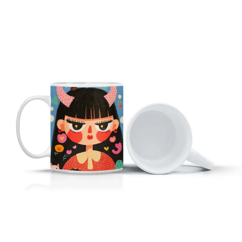 Folk Art Girl With Horns Blue Background – Mugs