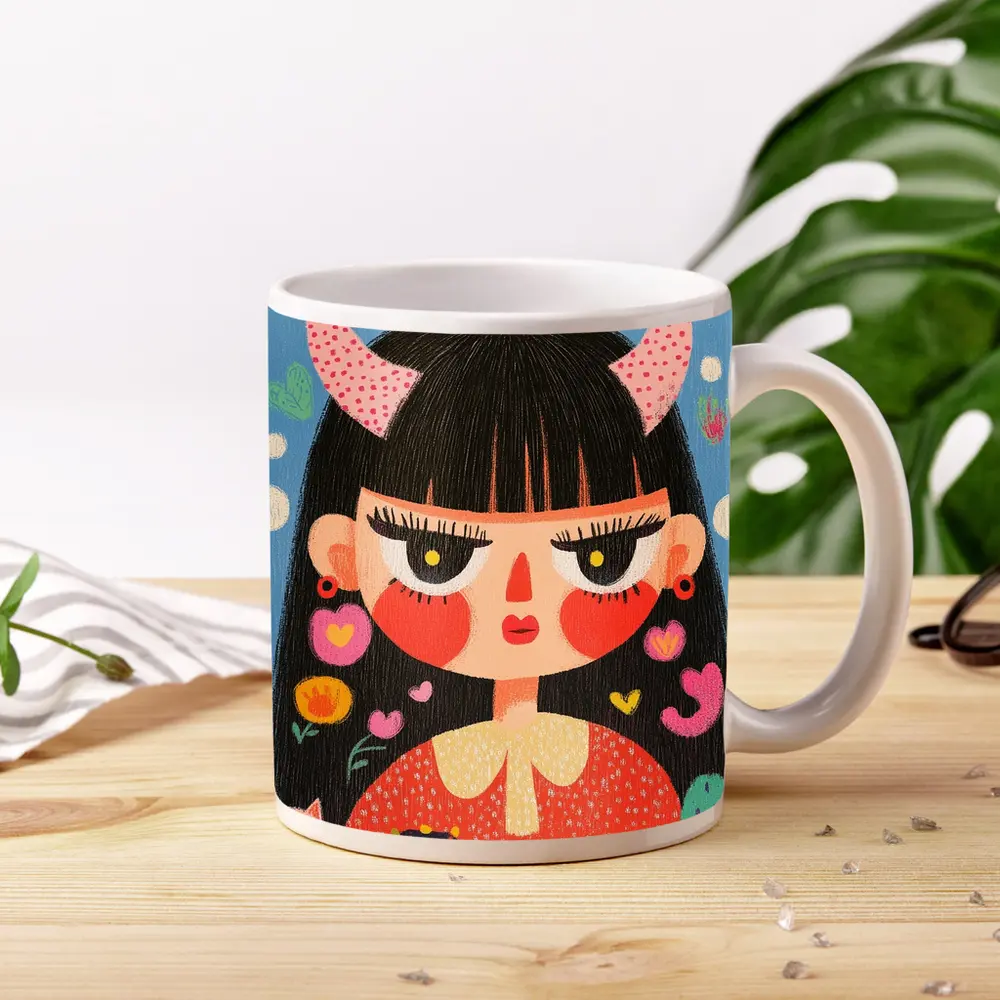 Folk Art Girl With Horns Blue Background – Mugs