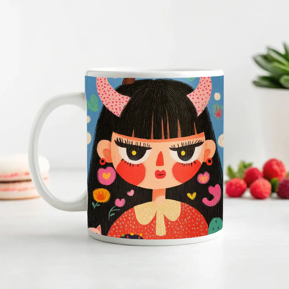 Folk Art Girl With Horns Blue Background – Mugs