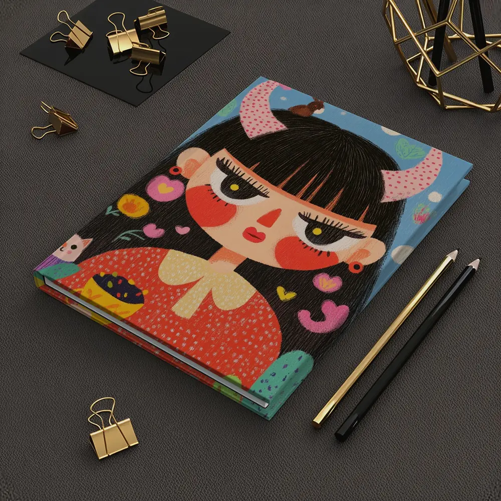 Folk Art Girl With Horns Blue Background – Notebooks