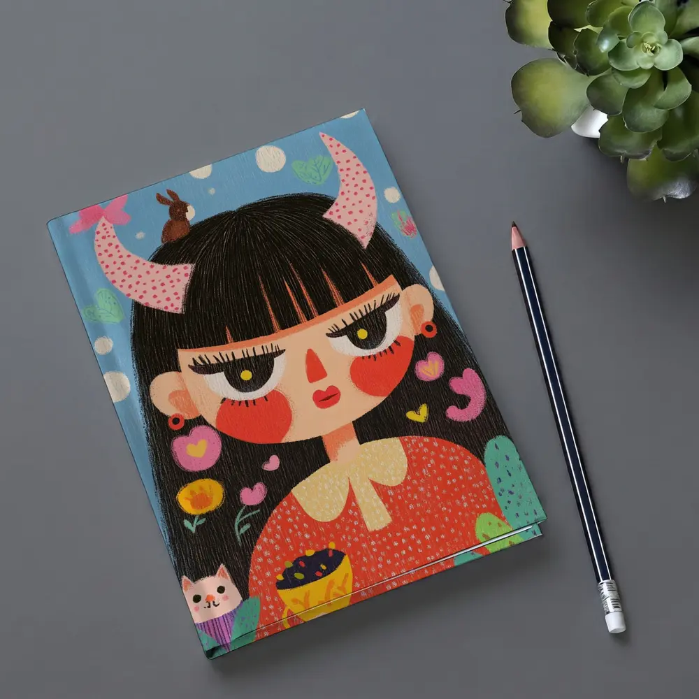 Folk Art Girl With Horns Blue Background – Notebooks