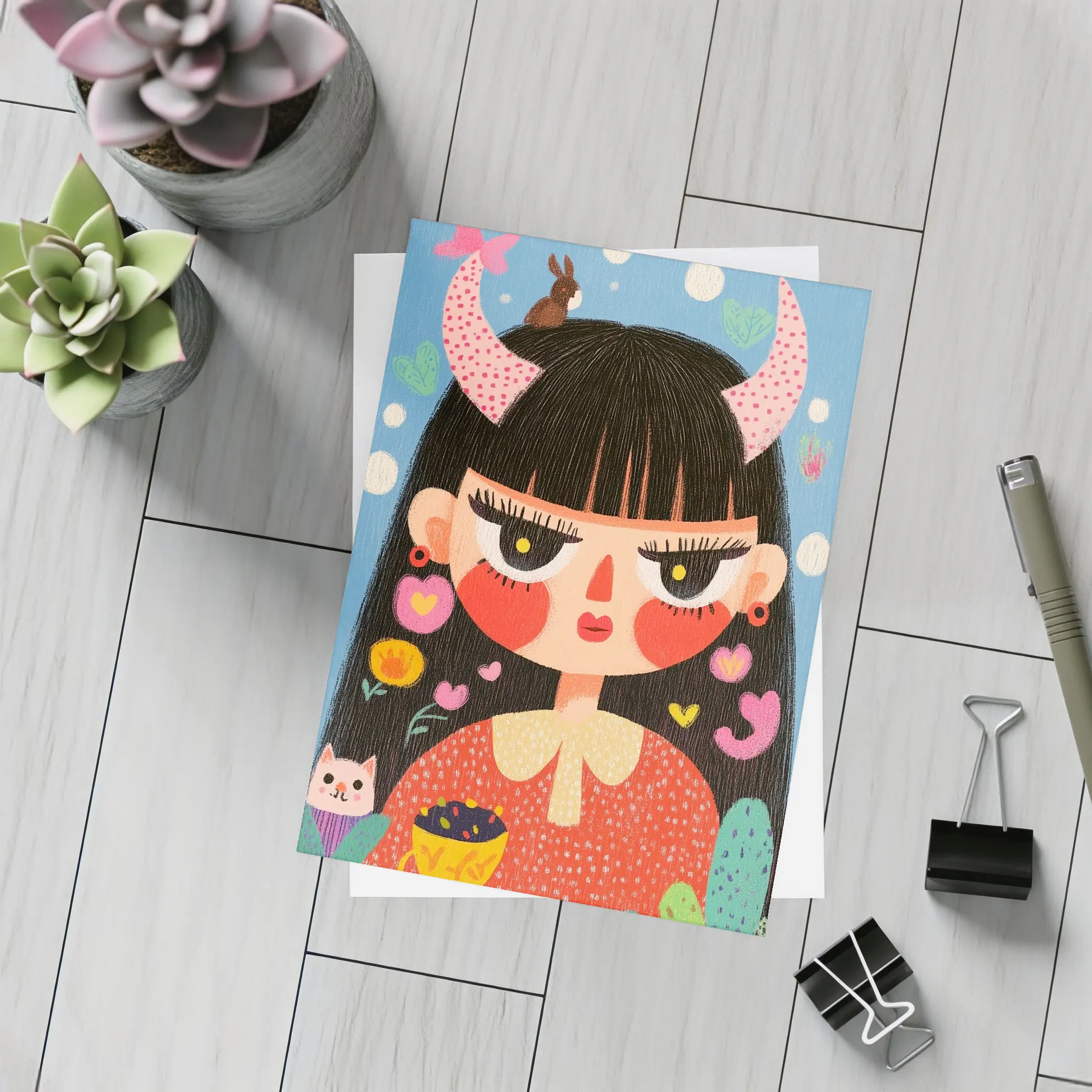 Folk Art Girl With Horns Blue Background – Postcards
