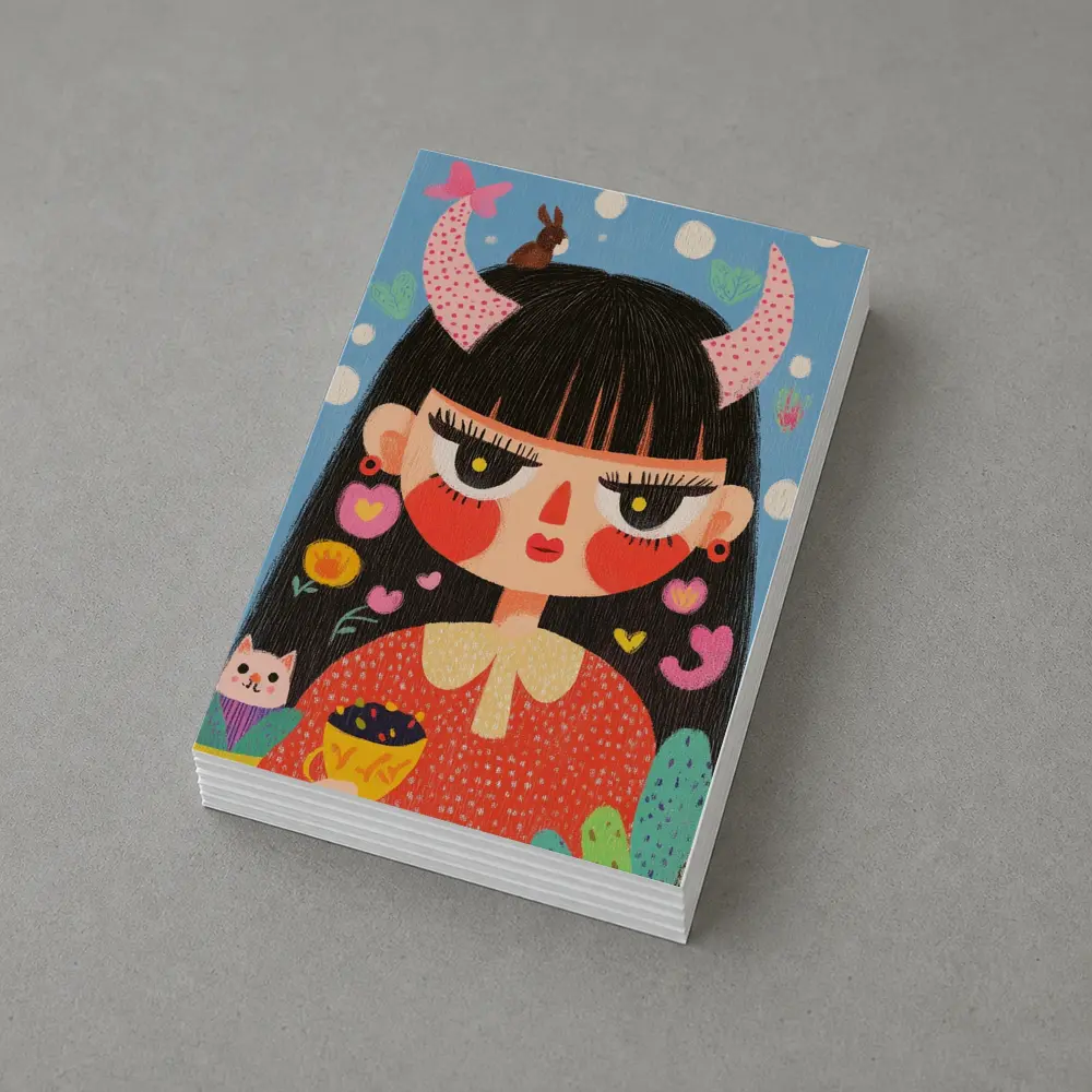 Folk Art Girl With Horns Blue Background – Postcards