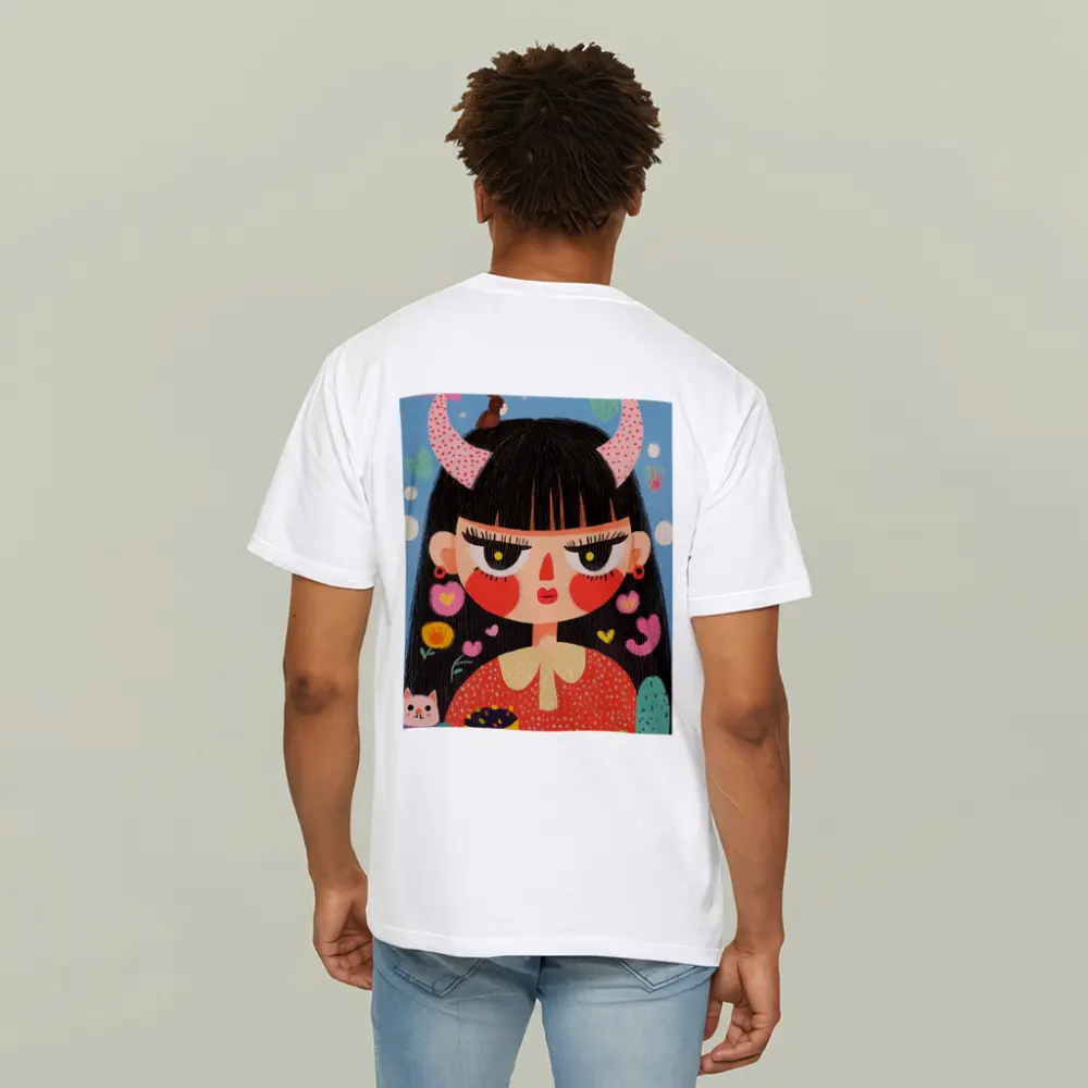 Folk Art Girl With Horns Blue Background – T-Shirts