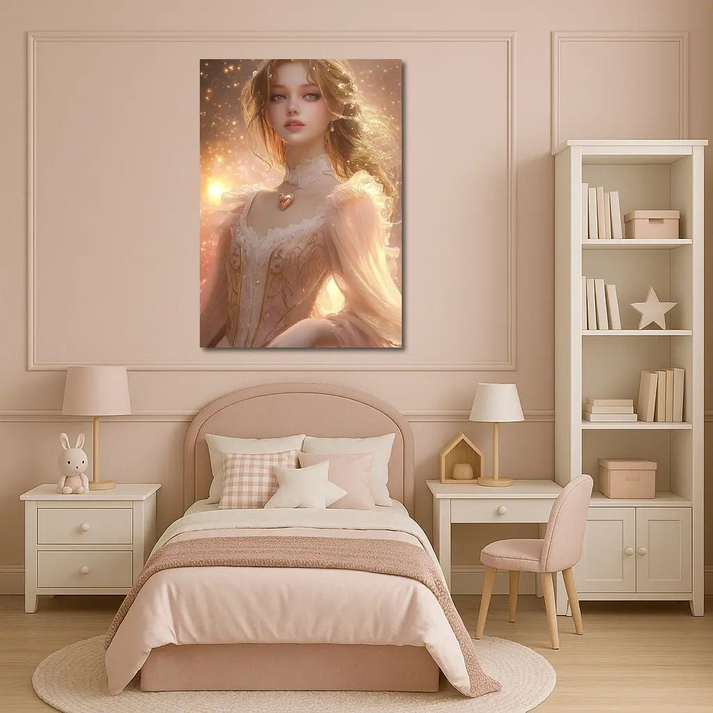 Fantasy Girl Golden Stars Dreamy Pink Gown – Wall Art