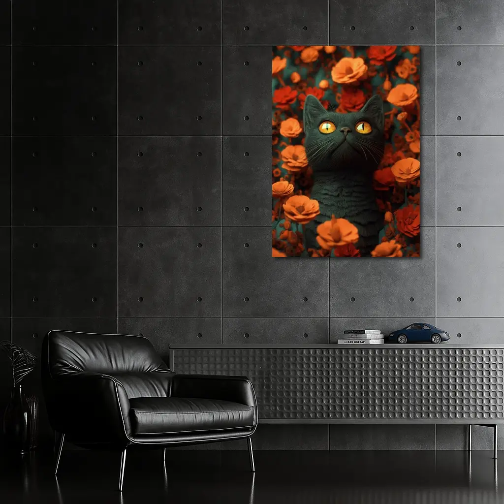 Dark Cat Golden Eyes Orange Flowers – Wall Art