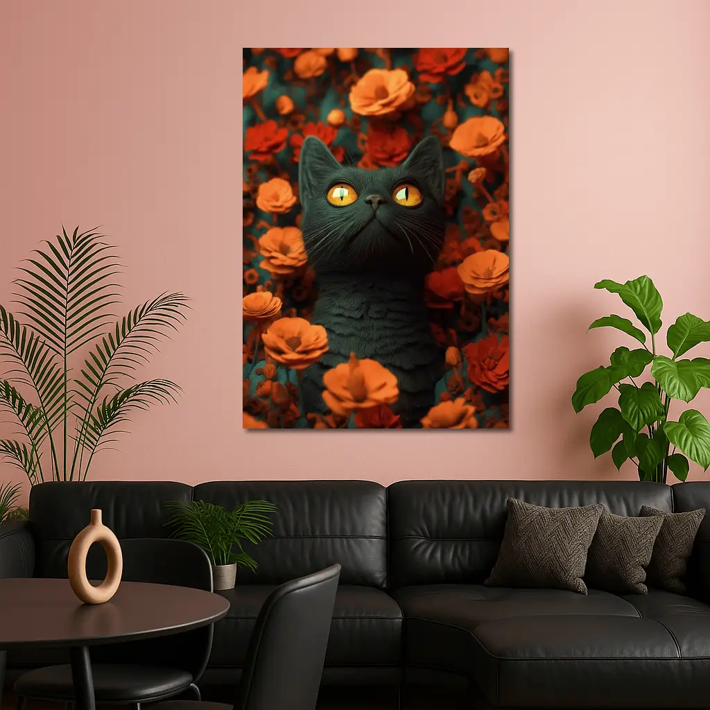 Dark Cat Golden Eyes Orange Flowers – Wall Art