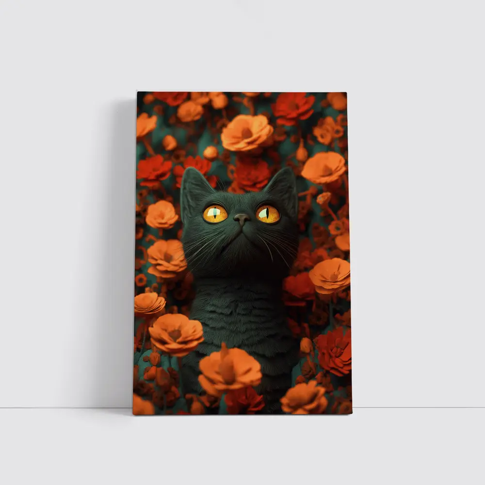Dark Cat Golden Eyes Orange Flowers – Wall Art