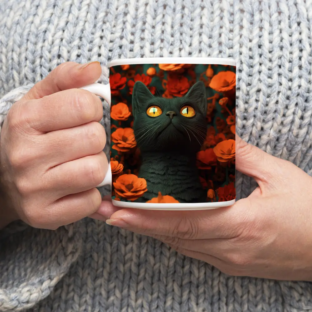 Dark Cat Golden Eyes Orange Flowers – Mugs