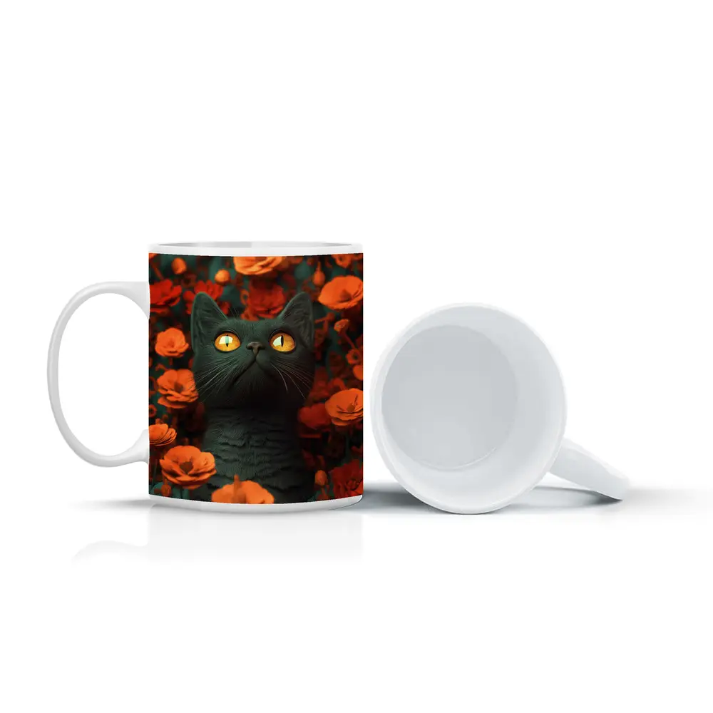 Dark Cat Golden Eyes Orange Flowers – Mugs