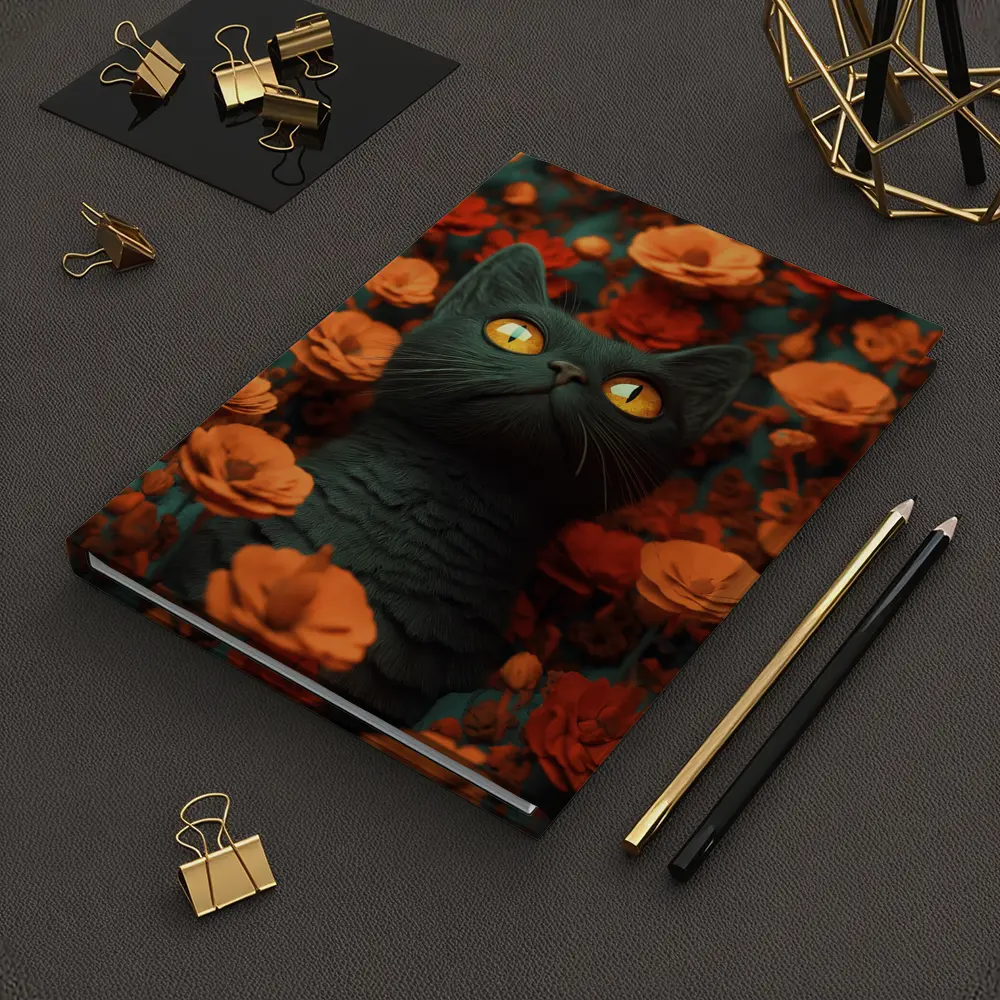 Dark Cat Golden Eyes Orange Flowers – Notebooks