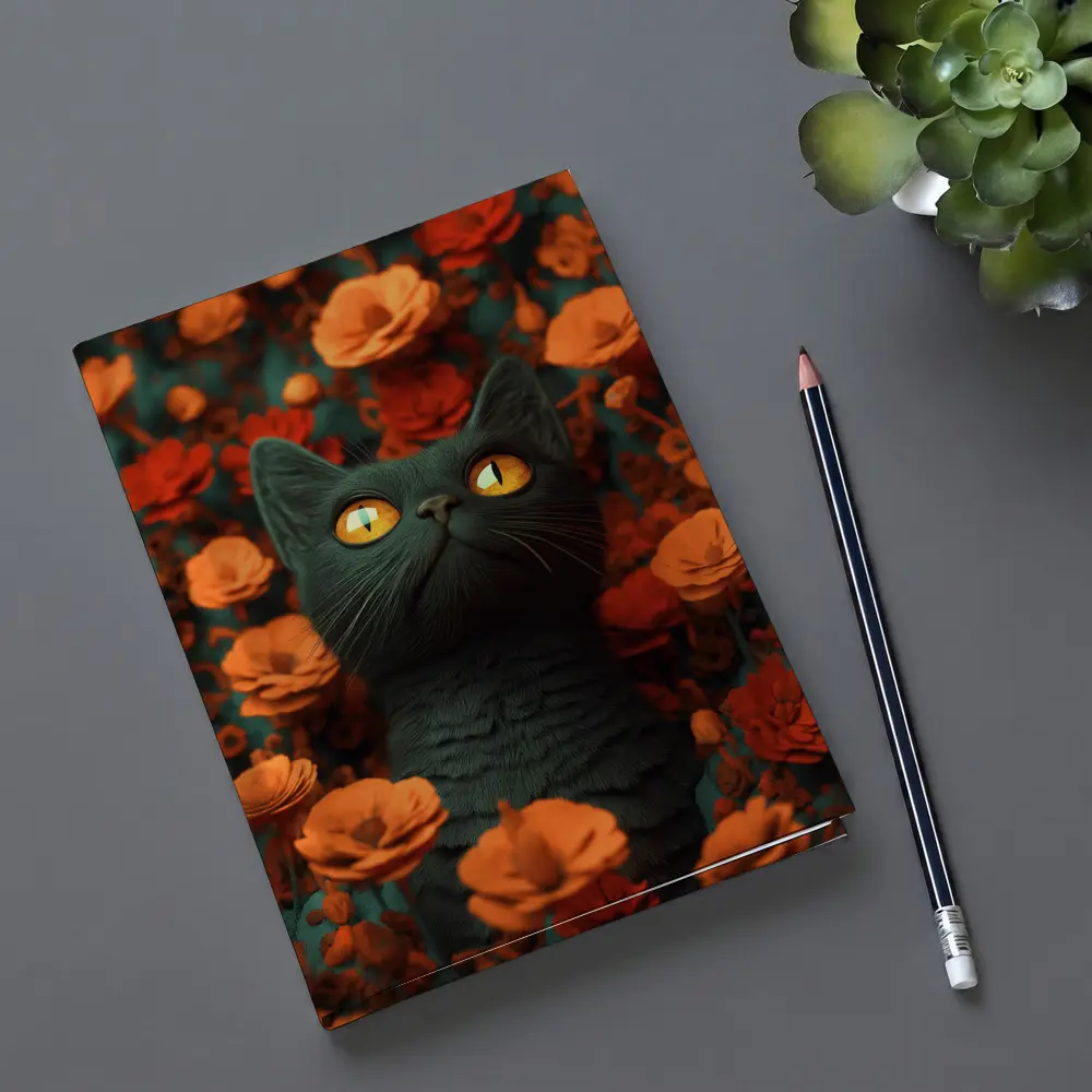 Dark Cat Golden Eyes Orange Flowers – Notebooks